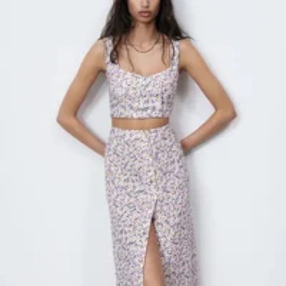 ZARA 2 piece Linen blend floral skirt + top